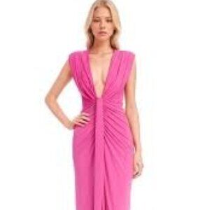 Draped Shirred Dress with Deep V-Neck by Jewel, Badgley Mischka